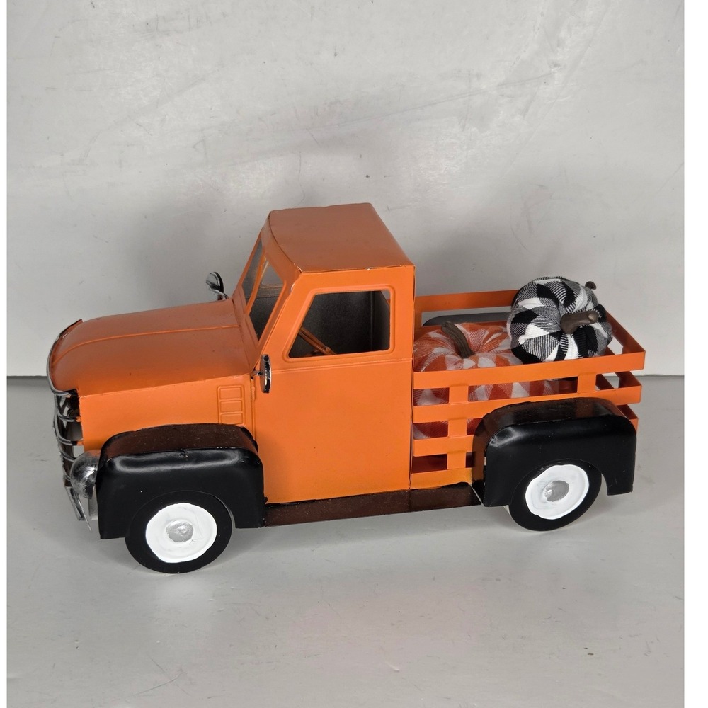 Orange Metal Harvest Truck Decor with Buffalo Plaid Pumpkins Farmhouse Fall